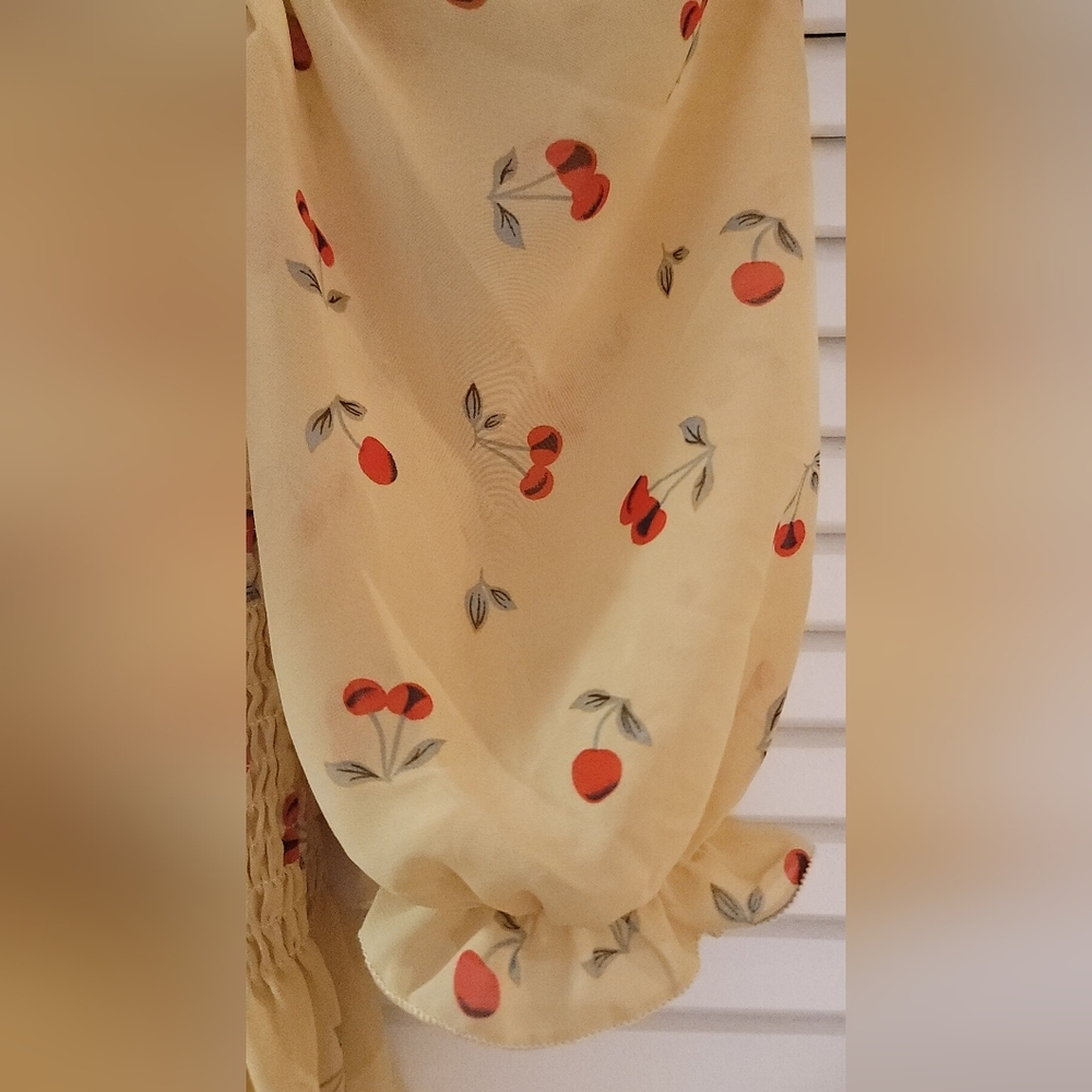 Yellow Cherry Ruched Ruffle Off-Shoulder Pirate Sleeve Top - Picture 4 of 4